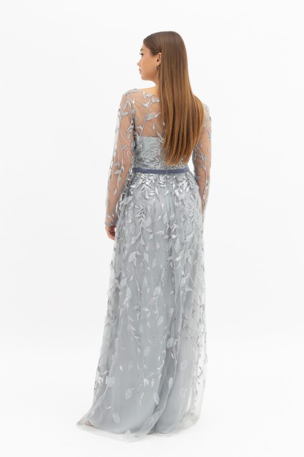 Leaf-embroidered gown blue M